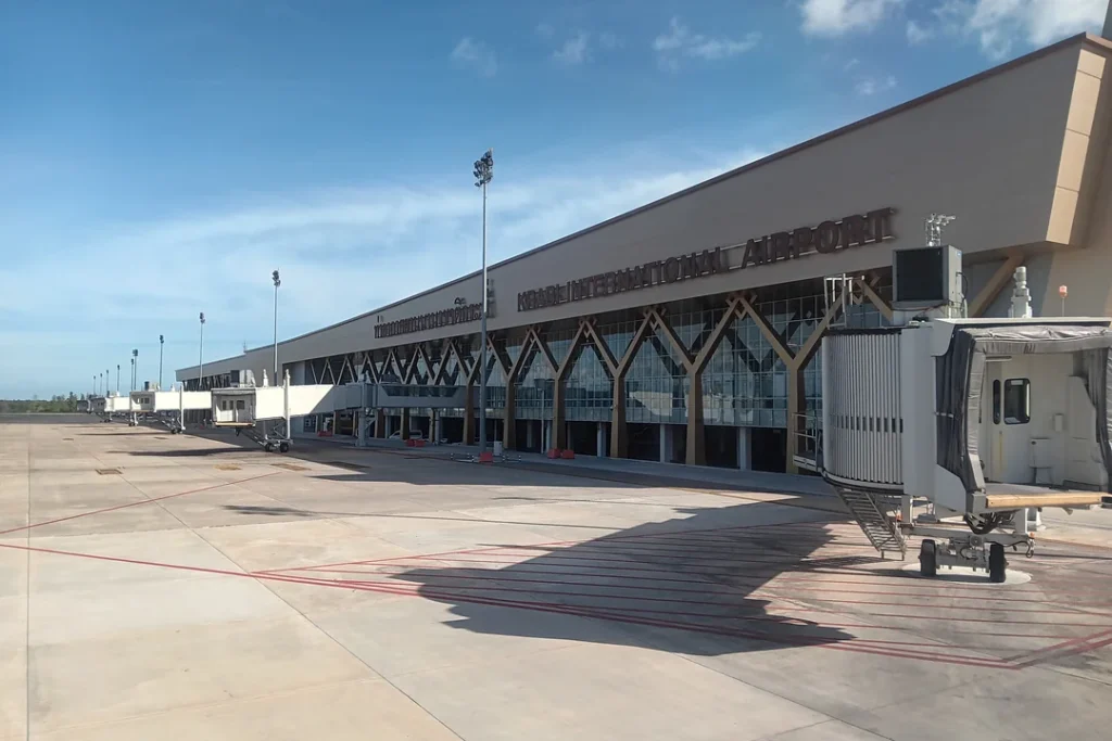 Krabi International Airport terminal viewed from the airside in August 2024